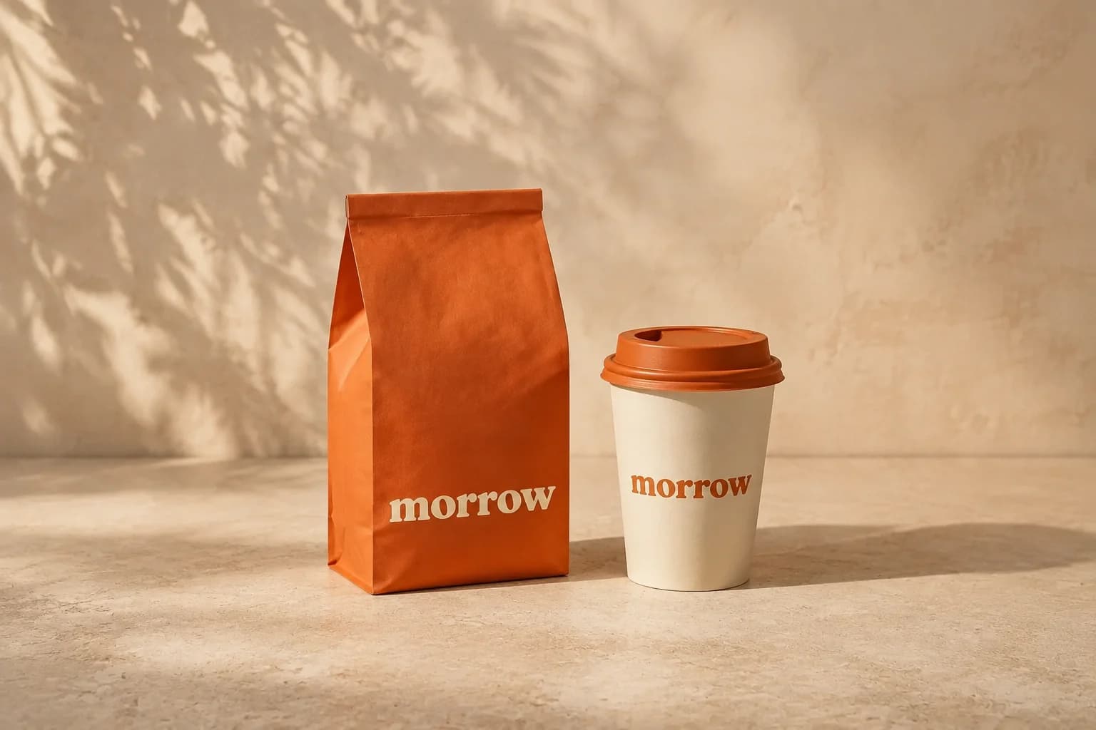A Morrow coffee bag and takeaway cup, an illustrative packaging concept